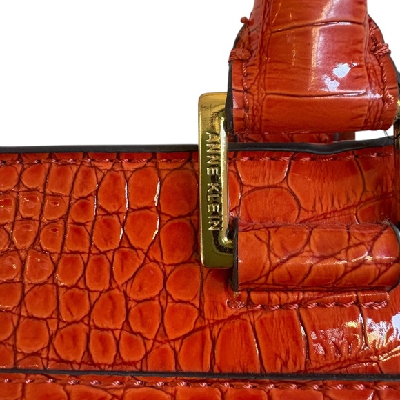 Anne Klein Faux Croc Embossed Tote Bag Orange Shoulder Purse Gold Hardware - Picture 4 of 16